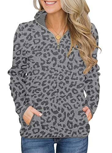 Photo 1 of BETTE BOUTIK Womens Casual V Neck Jacket Sweatshirts for Office Plain Basic Pullover Zip Top with Pockets Leopard Gray Medium