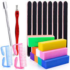 Photo 1 of 21 PCS Nail Manicure Tool Set with 2 Cuticle Pusher,8 Nail Files(100/180 Grit),8 Nail Sanding Buffer Blocks,2 Large Brushes,1 Polishing Block for Toes and Nails Clean 2 PACK 