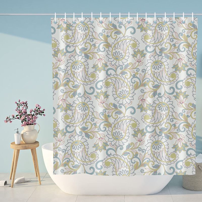 Photo 1 of D&M Flower Paisley Shower Curtain Teal Grey Floral Fabric Boho Bohemia Bath Curtain for Bathroom Bathtub Home Decor Vintage Style Polyester Waterproof 72"x72" with 12 Plastic Shower Hooks