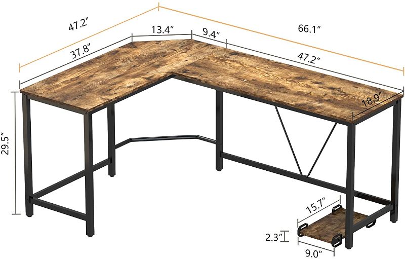Photo 1 of 45MinST Gaming Desk,66 inch Wood and Steel L-Shaped Computer Desk with CPU Stand, Writing Study Table, Workstation for Home Office, Large Space Corner Desk, Easy to Assemble, Rustic Brown
