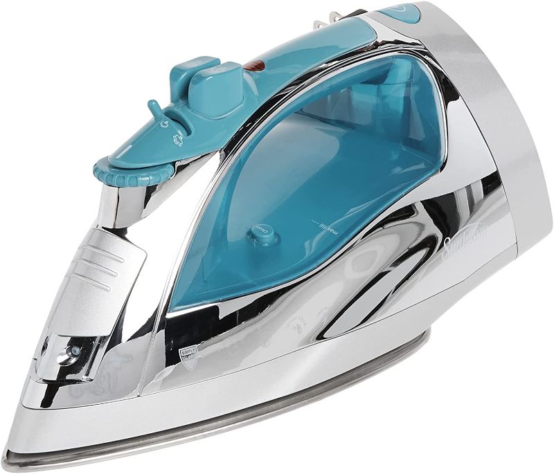 Photo 1 of “Sunbeam Steammaster Steam Iron | 1400 Watt Large Anti-Drip Nonstick Stainless Steel Iron with Steam Control and Retractable Cord, Chrome/Blue”.
