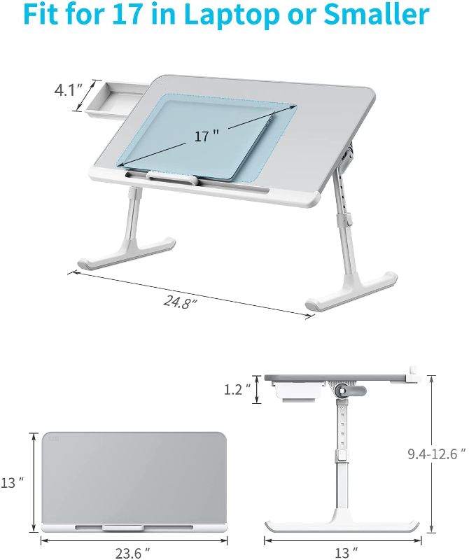 Photo 1 of SAIJI Laptop Bed Tray Desk, Adjustable PVC Leather Desktop Lap Desk, Portable Laptop Table Stand with Storage Drawer, Foldable Laptop Tray for Sofa Couch Floor (Large, Gray)
