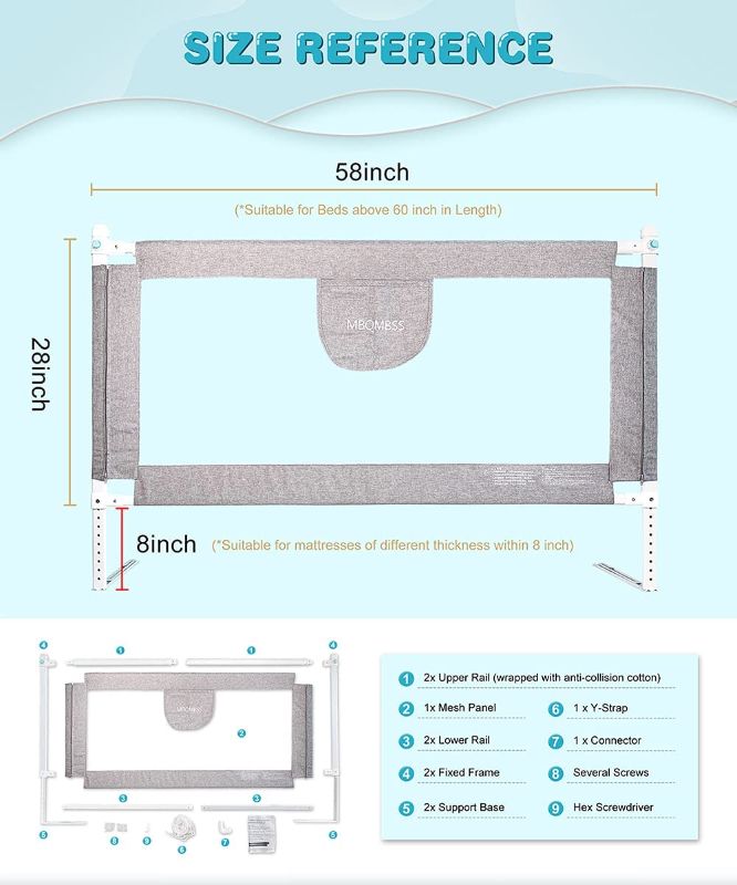 Photo 1 of Bed Rail for Baby 58" L, Infant Safety Bed Guardrail, Baby Protector Rail with Breathable Fabric for Beds Above 60" in Length (60-1 Side)
