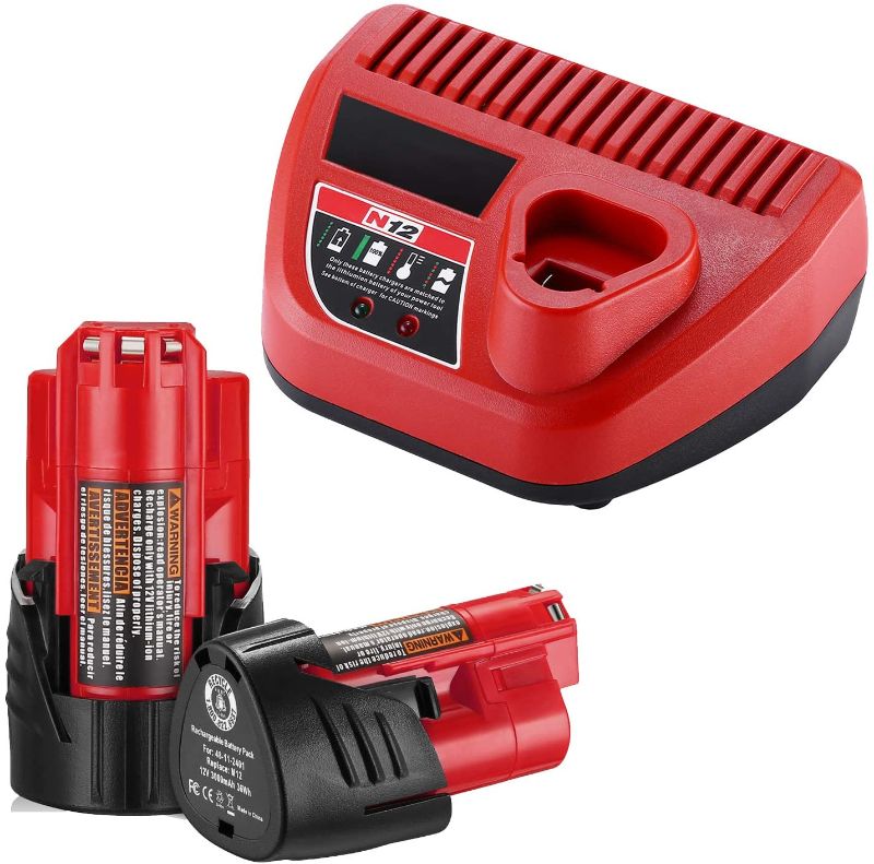 Photo 1 of 2 Packs 12V Lithium M12 Replacement Battery + M12 Rapid Charger Compatible with Milwaukee M12 Battery and Charger
