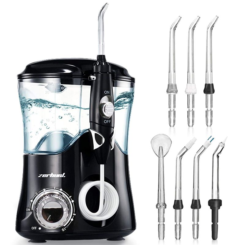 Photo 1 of Dental Water Flosser Teeth Cleaner - Zerhunt High Frequency Pulsed Water Flosser Electric Oral Irrigator with 7 Interchangeable Nozzles for Braces, Implants, Bridges, 600ML Large Capacity Black
