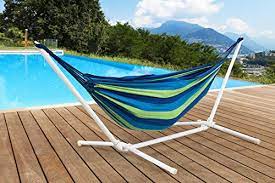 Photo 1 of Basics Polycotton Double Hammock with White Easy Assembly Powder-Coated Steel.