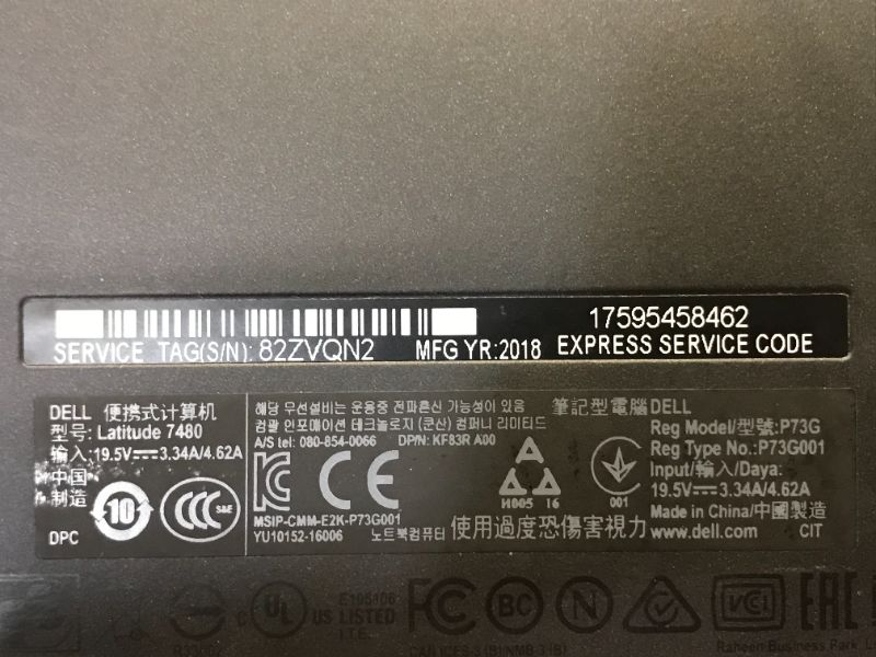 Photo 1 of Dell Latitude 7480 Laptop, Core i5-7300U 2.6GHz, 16GB, 256GB SSD, 14in HD, Window 10 Pro (64bit), Webcam,