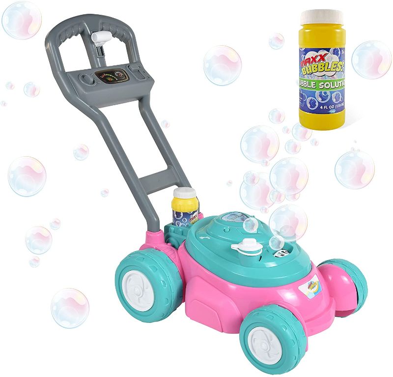 Photo 1 of Maxx Bubbles Sunny Days Entertainment Bubble-N-Go Toy Lawn Mower with Refill Solution | Pink Bubble Blowing Toy
