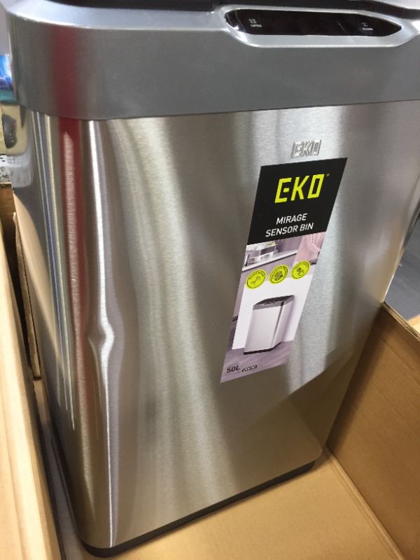 Photo 4 of EKO Mirage-T 50 Liter / 13.2 Gallon Touchless Rectangular Motion Sensor Trash Can, Brushed Stainless Steel Finish---no charger 
