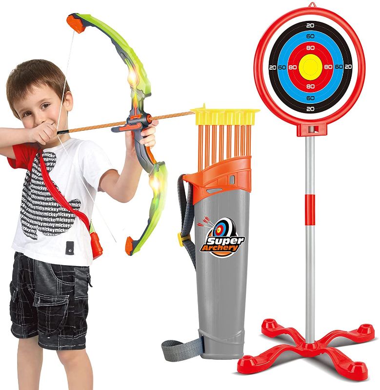 Photo 1 of Bow and Arrow for Kids with LED Lights - Upgrade Archery Set Includes 1 Super Bow, 8 Suction Cups Arrows, 2 in 1 Target and Quiver, Practice Indoor or Outdoor Toys for Kids 6-12 Years Old(Green)
