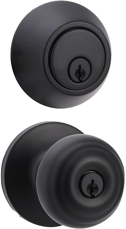 Photo 1 of Amazon Basics Exterior Door Knob With Lock and Deadbolt, Classic, Matte Black
