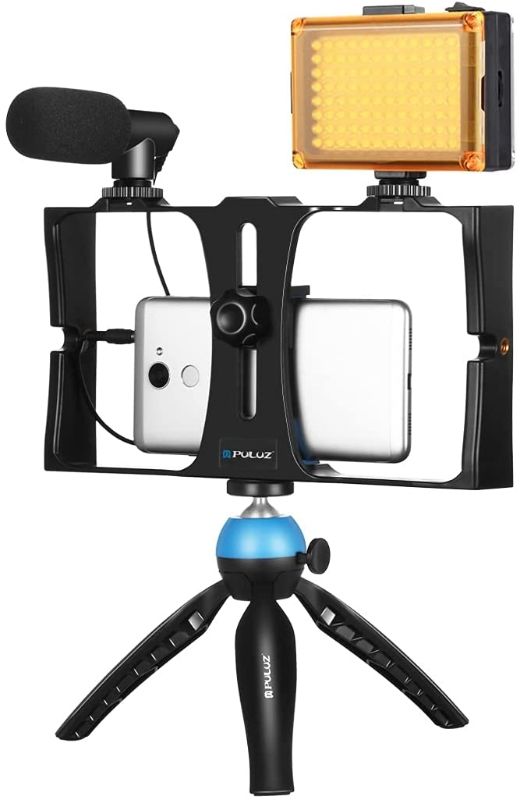 Photo 1 of Smartphone Video Rig Kit, PULUZ Smartphone Video Grip with Microphone + Video Light + Cold Shoe Tripod Head + Mini Tripod for iPhone Samsung and Most Phones Within 7-inch Screen (Blue)
