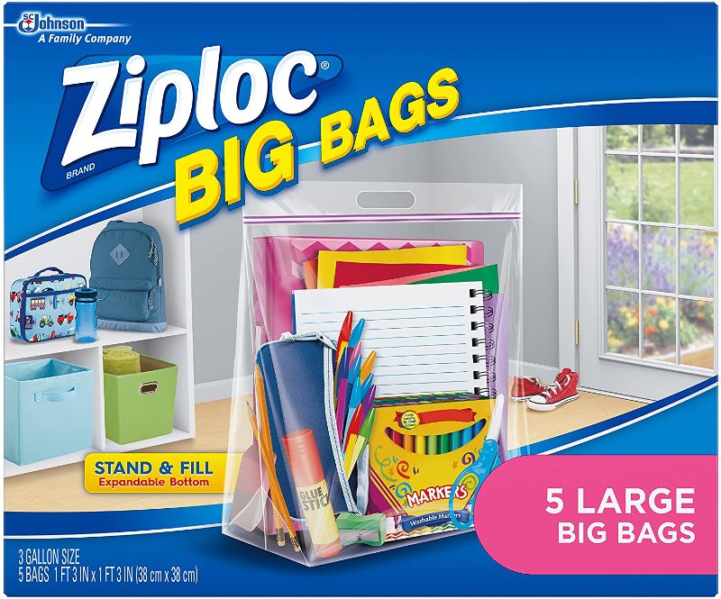 Photo 2 of Ziploc Storage Bags, Double Zipper Seal & Expandable Bottom, Large, 5 Count, Big Bag 3 pack 