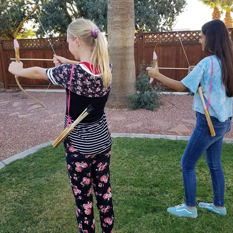 Photo 1 of Adventure Awaits! - 2-Pack Handmade Girls Wooden Bow and Arrow Set - 20 Wood Arrows and 2 Quivers - for Outdoor Play
