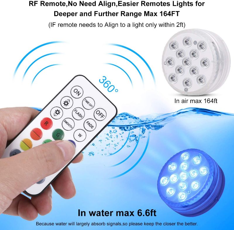 Photo 1 of 2pack Submersible LED Lights,RGB 13 LED with Magnet Remote Control(RF) Suction Cups,IP 68 Full Waterproof Pool Lights,Battery Operated Pond Lamp for hot tub,Halloween,Wedding, Home Decorations---4 pack 
