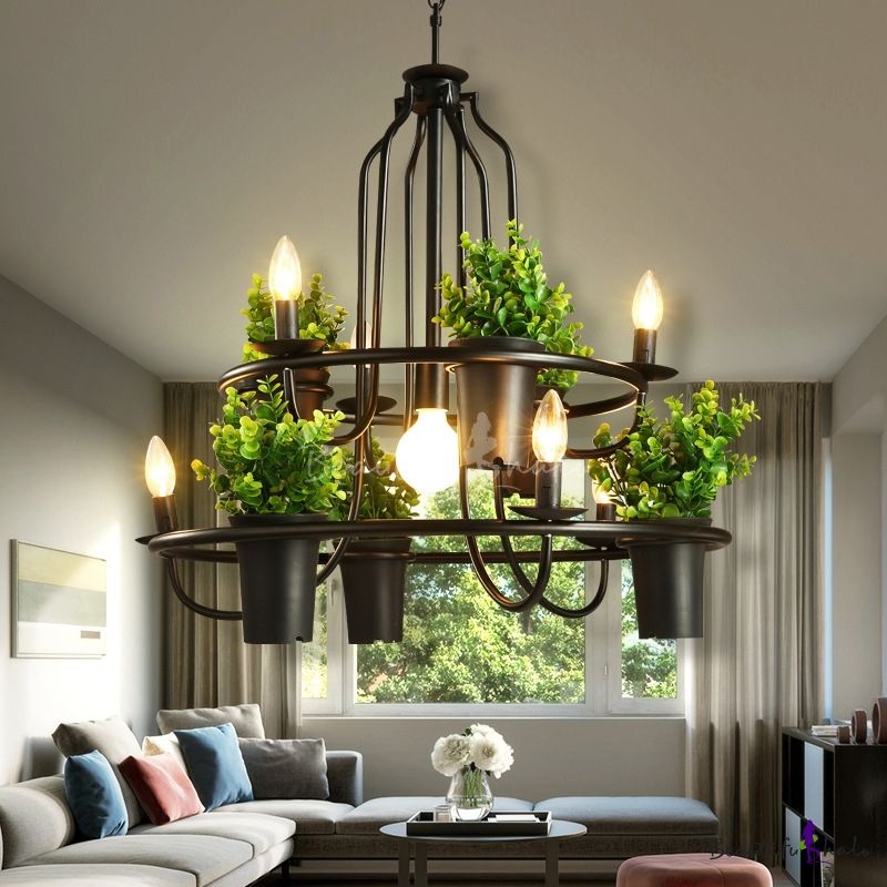 Photo 1 of Countryside Artificial Pot Plant Chandelier 6 Bulbs Iron Ceiling Hang Light in Black, INSTRUCTIONS NOT TRANSLATED WELL. 