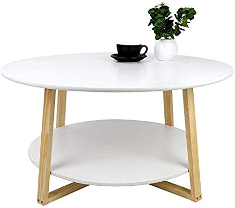 Photo 1 of 35.4 inch Wood Round Coffee Table 2-Tier White Coffee Table Round Modern Living Room Sofa Side End Table
