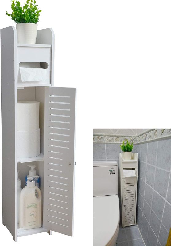 Photo 1 of Small Bathroom Storage Corner Floor Cabinet with Doors and Shelves,Thin Toilet Vanity Cabinet,Narrow Bath Sink Organizer,Towel Storage Shelf for Paper Holder,White by AOJEZOR
