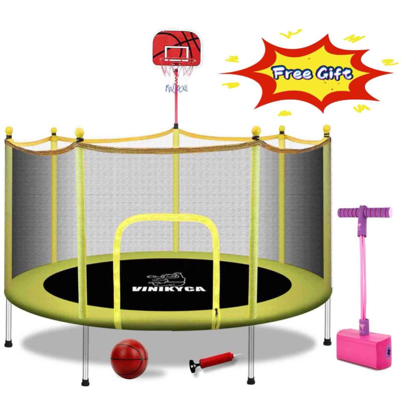 Photo 1 of 6FT Toddler Trampoline for Kids Indoor with Enclosure Toys for 2 3 4 5 6 7 Year Old Boys, Enclosed Mini Trampoline with Net and Basketball Hoop
