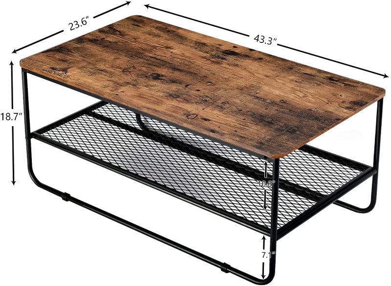 Photo 1 of WANSE Industrial Coffee Table with Metal Frame, for Living Room?Cocktail Table with Dense Mesh Storage Shelf, Wood Look Furniture, Easy Assembly, Rustic Brown+Black,43.3" L x 23.6" W x 18.7" H