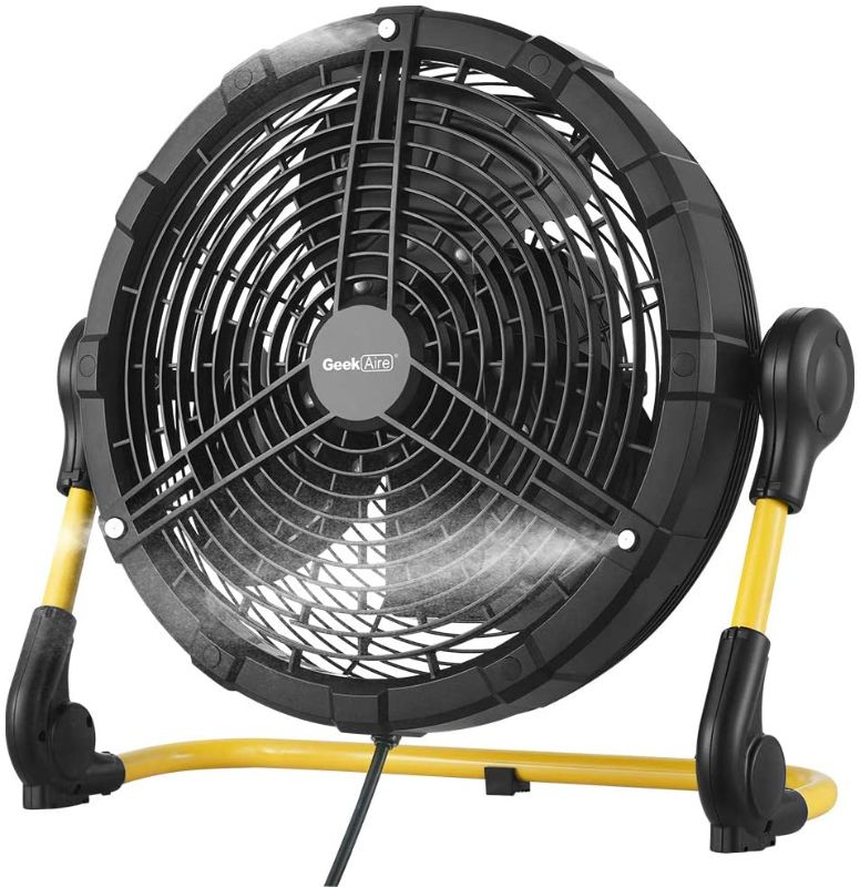 Photo 1 of Geek Aire Battery Operated Fan, Rechargeable Outdoor Misting Fan, Portable High Velocity Metal Floor Fan with 15000mAh Detachable Battery & Misting Function, Ideal for Patio, Camping, More - 12 inch