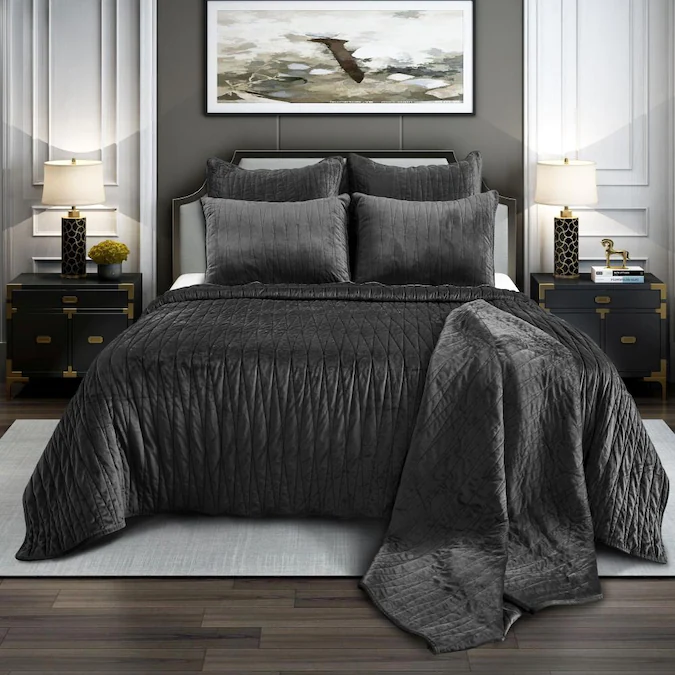 Photo 1 of Brielle Home Velvet Diamond 3-Piece Dark Gray King/California King Quilt Set
