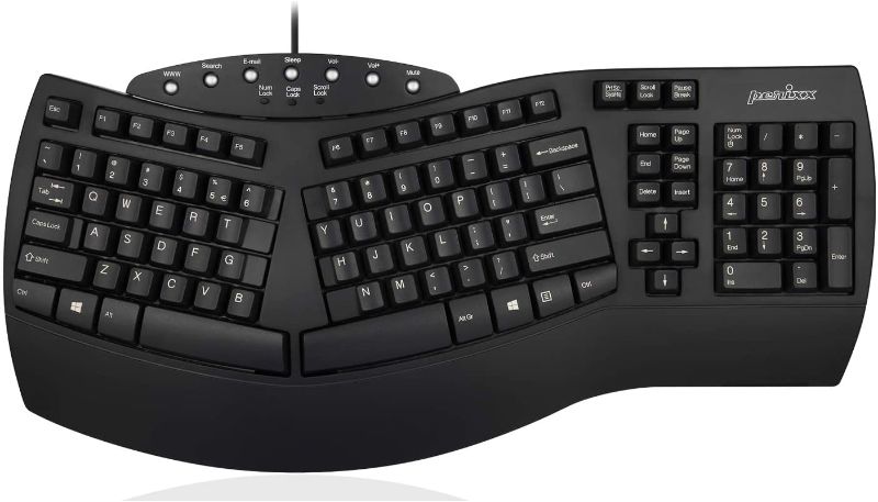 Photo 1 of Perixx Periboard-512 Ergonomic Split Keyboard - Natural Ergonomic Design - Black - Bulky Size 19.09"x9.29"x1.73"-----A FEW KEYS ARE NON FUNCTIONING 