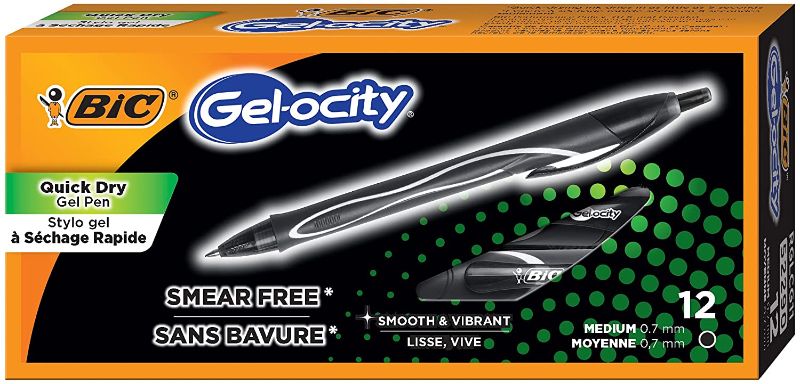 Photo 1 of BIC® Gel-ocity Quick Dry Retractable Gel Pens, Medium Point, 0.7 mm, Black Barrel, Black Ink, Pack Of 12