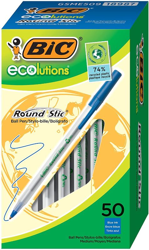 Photo 1 of BIC Ecolutions Round Stic Ballpoint Pen, Medium Point (1.0mm), Blue, 50-Count, For a Smooth Writing Experience -- 3 PCK

