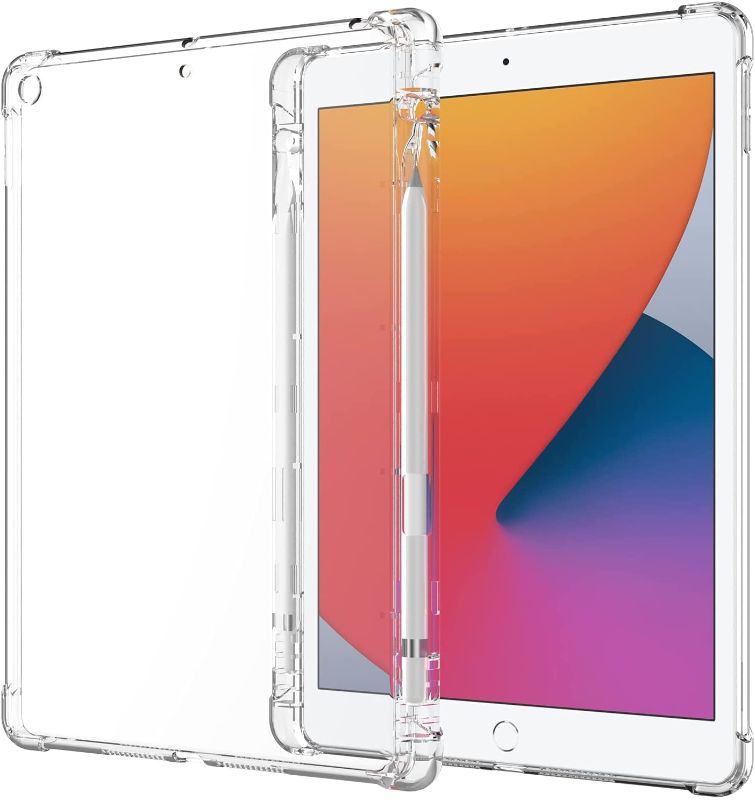 Photo 1 of Silicon Clear Case for New iPad 10.2 10.2 7th/8th/9th Generation 2021/2020/2019 with Pencil Holder, Shockproof Transparent Back Cover for iPad 10.2 inch, Soft TPU Protective Shell for iPad 10.2" -- 2 PCK