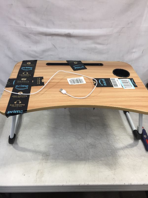 Photo 4 of Folding Laptop Table Stand for Bed, Lap Desk Breakfast Tray with 4 USB Port/Cup Holder for Sofa Couch Floor with Free Gifts(Mini Lamp,Fan)