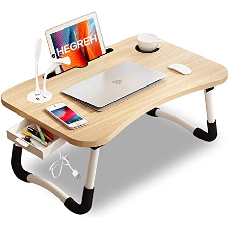 Photo 1 of Folding Laptop Table Stand for Bed, Lap Desk Breakfast Tray with 4 USB Port/Cup Holder for Sofa Couch Floor with Free Gifts(Mini Lamp,Fan)