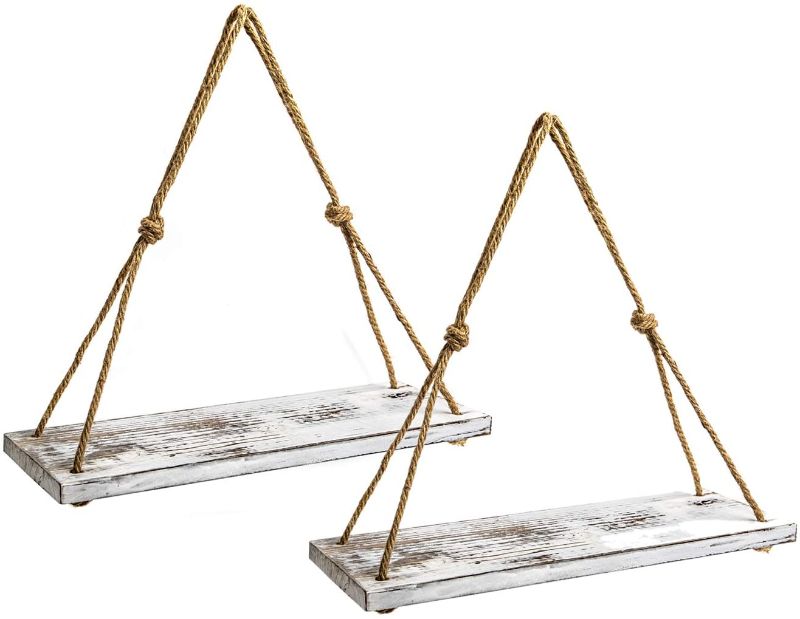 Photo 1 of Wood Rope Hanging Floating Shelves Set of 2, Rustic Wood Hanging Shelf with Hooks,Window Rope Wood Hanging Plant Shelf,Wall Hanging Rope Shelves for Living Room, Bedroom, Bathroom and Kitchen ( White)

