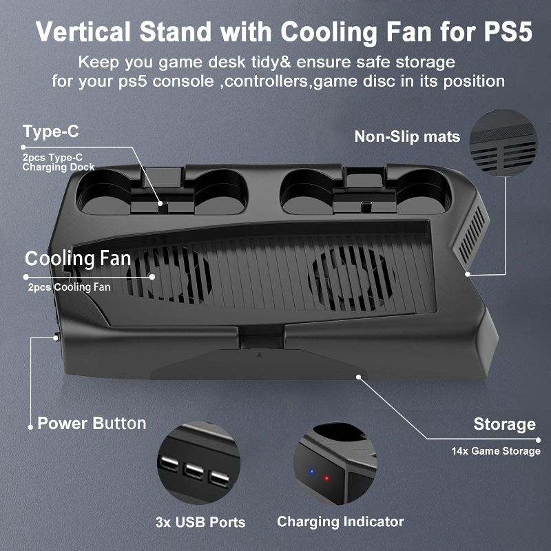 Photo 1 of PS5 Stand with Cooling Fan and Dual Controller Charger Station for PS5 Console Playstation 5 Disc&Digital Edition?Charging Dock Station with 14 Game Slots and 3 USB Ports
