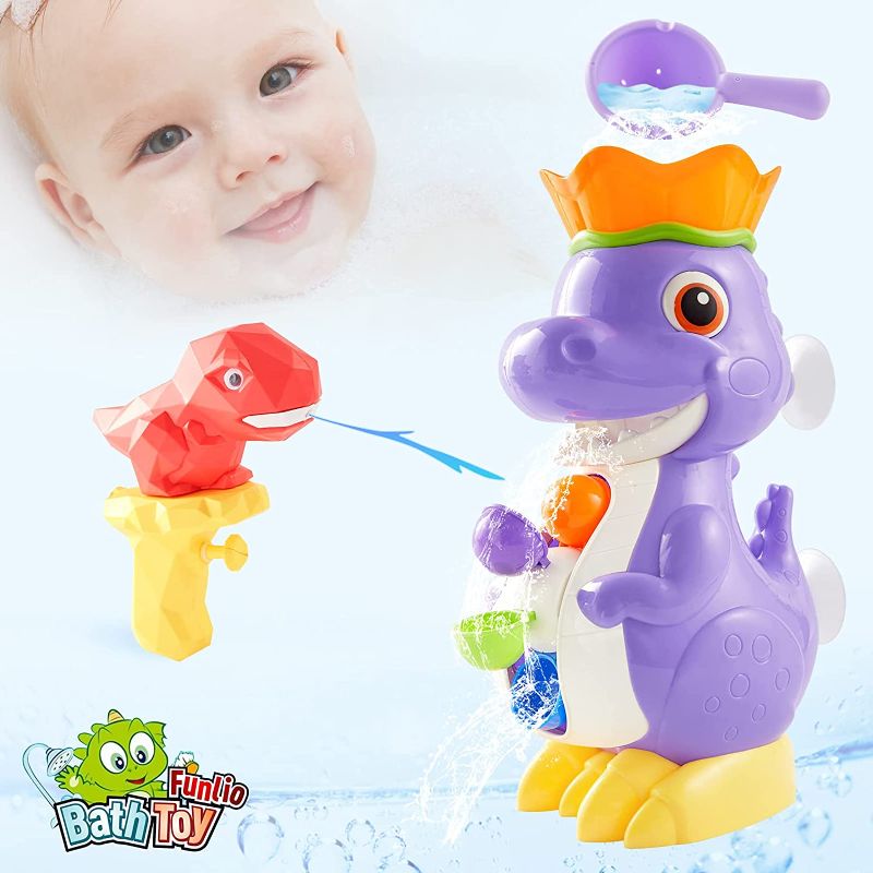 Photo 1 of FUNLIO Baby Bath Toys for 1-5 Year Old Boys & Girls, Cute Dinosaur Bath Toys with Eye-Catching Colors and Movements, Bathtub Toys with 1 Red T-Rex Water Gun & 1 Spoon, Fun and Easier Bathing Ever
