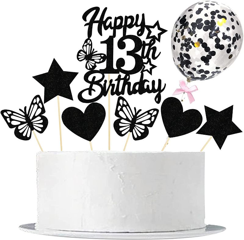 Photo 1 of 8PCS Black Glitter 13th Birthday Cake Topper Happy Birthday Cake Topper and Balloon Cake Topper 13th Birthday Cake Topper with Star Love Butterfly Cake Topper for Boys or Girls 13th Birthday Party Decorations Pack Of 4
