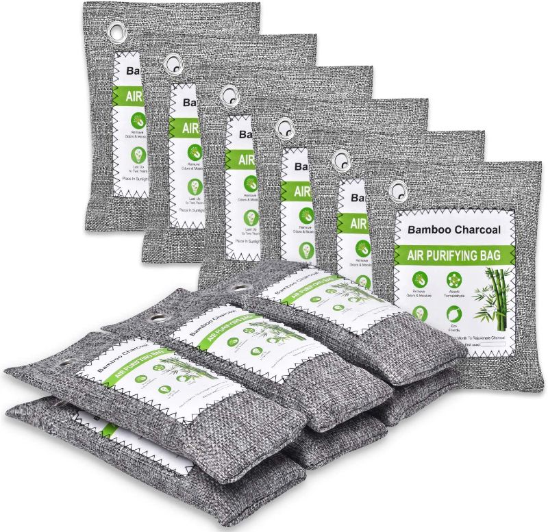 Photo 1 of chappfier 12 Pack Nature Fresh Bamboo Charcoal Air Purifying Bag, Activated Charcoal Bags Odor Absorber, Air Freshener Charcoal Bags for Shoes, Home, Bathroom, Gym Bag, Pet, Car(6x150g, 6x50g)
