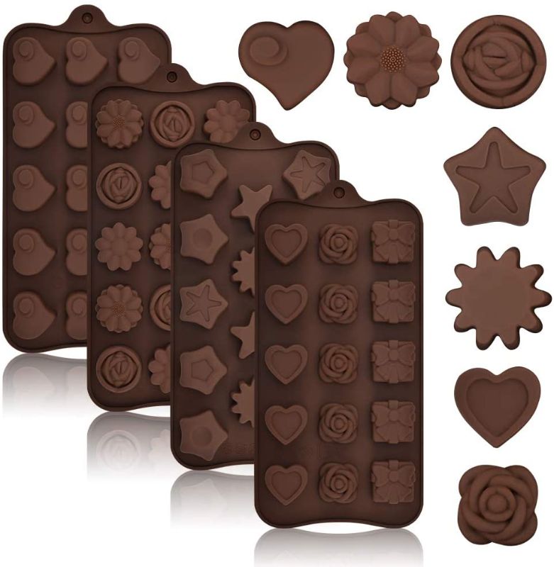 Photo 1 of BAIYIYI Silicone Candy Chocolate Molds,4 Packs Silicone Mold for Baking Mixed Heart Flower Star Gift Box Shaped MakingChocolates Hard Candy Gummy Jelly Ice Cube Tray for Parties,Festival,DIY Crafts
