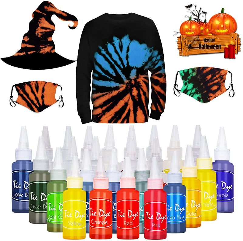 Photo 1 of QLADUO 26 Colors Fabric Dye Set Halloween Craft Kits DIY Tie Dye Kits with Rubber Bands/Gloves/Aprons Halloween Party Favors for Handmade Project, Family School Activity[TikTok recommended]
