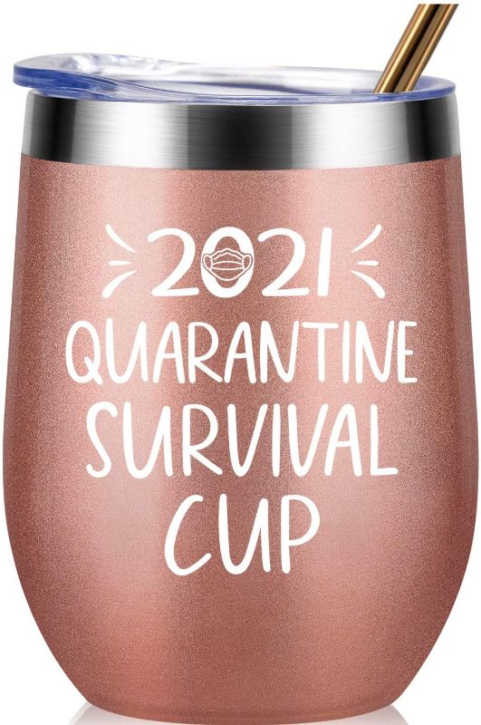 Photo 1 of 2021 Quarantine Survival Cup - Gifts for Women, Men, Friend, Sister, Mom, Grandma, Aunt, Daughter, Coworker - 30th, 40th, 50th, 60th Birthday Gift Ideas, Insulated Wine Tumbler, 12 Ounce Rose Gold
