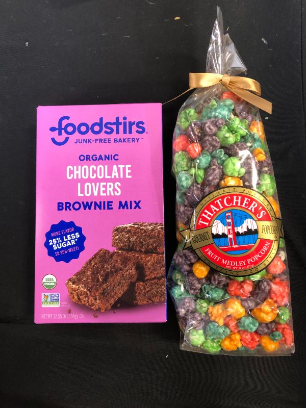 Photo 1 of Foodstirs Junk-Free Bakery, Organic Chocolate Lovers Brownie Mix | 25% Less Sugar | Dairy Free |12.55 oz EXP 3/2022 AND THATCHERS GOURMET POPCORN FRUIT MEDLEY 8OZ EXP9/2021
