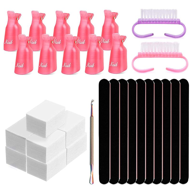 Photo 1 of  Nail Polish Remover Tools with 400 Cotton Pads, 10 Nail Polish Remover Clips, 10 Double Sided Files, 2 Nail Gripper Brushes and Cuticle Pusher.