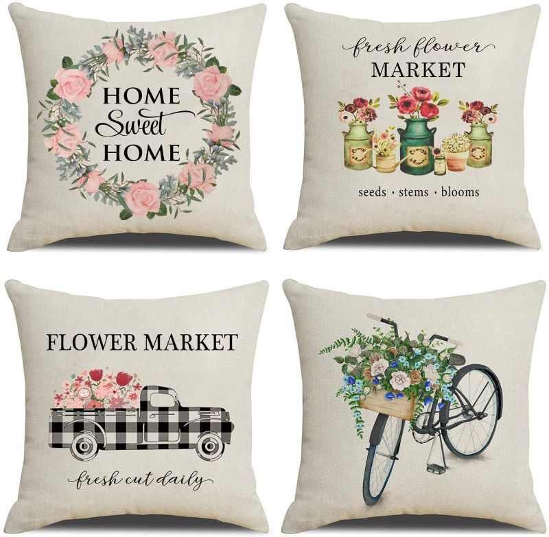 Photo 1 of  Farmhouse Pillow Covers Floral Throw Pillow Cases Cotton Linen Buffalo Check Truck Bicycle Flower Market Cushion Cover for Couch Sofa 18x18 Set of 4