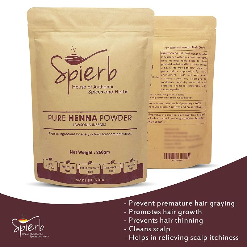 Photo 1 of Spierb Henna Mehendi Hair Color 250 gm | 100% All-Natural Henna Hair Dye Color For Hair Growth| Mehendi powder Made from Pure Henna Leaves EXPIRES 12/2023
