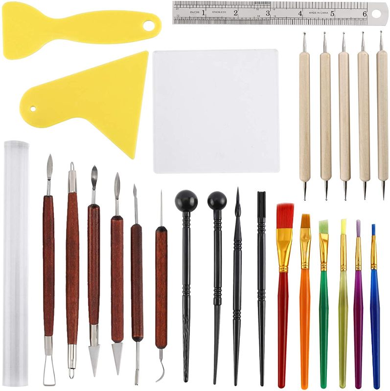 Photo 1 of 26 PCS Ceramic Pottery and Clay Sculpting Tools Nail Art Tools for Shaping Carving Modeling Including Dotting Tools, Painting Brush, Acrylic Backing Board
