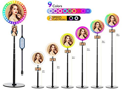 Photo 1 of 10.2" Ring Light,Floor Telescopic 27"-75" Height/RGB 9 Color Options/2 Flash Modes/with Makeup Mirror & Cell Phone Holder,for YouTube Video,Live Stream Stage Party,Selfie Ring Floor Lamp
