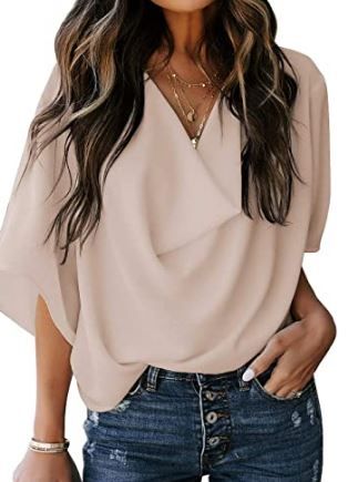 Photo 1 of Maolijer Women's Draped Neck Blouses Dolman 3/4 Sleeve Loose Tops Shirt XXL