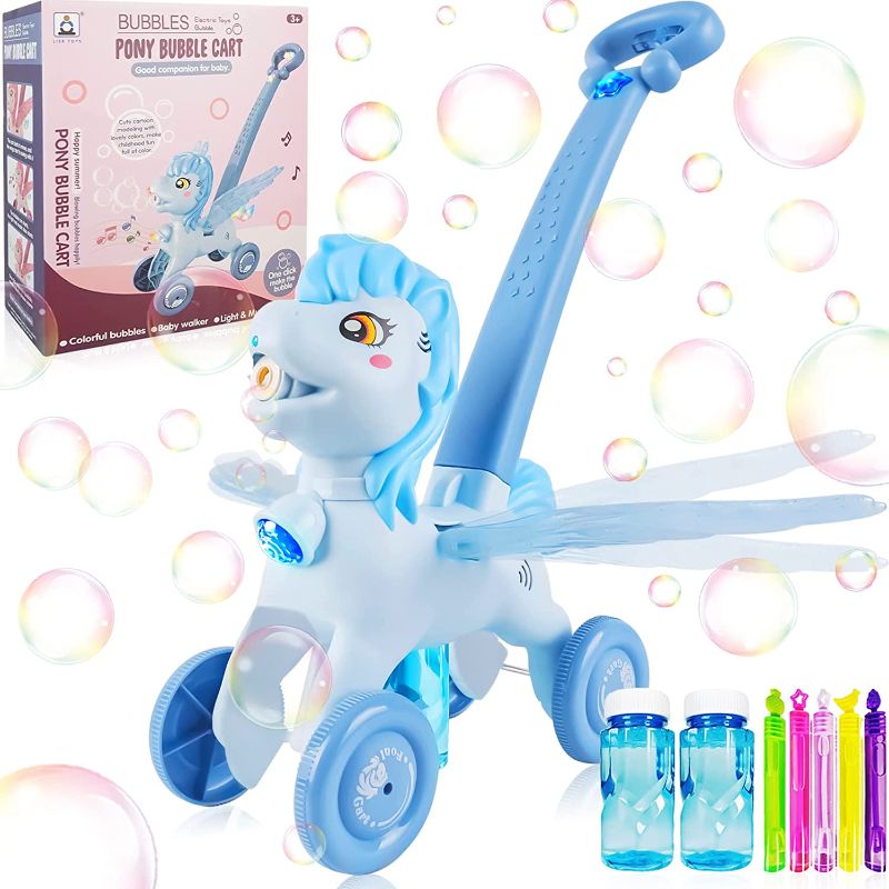 Photo 1 of Bubble Machine Blower Blaster Lawn Mower Maker Blue Toy Fun Portable Handheld Operate Automatic Battery Electric Outdoor Summer Birthday Best Gift Light Music for Toddler Boy Girl Kid 1-6 Year Old
