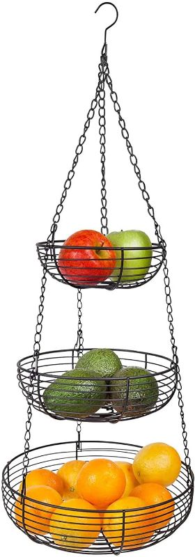 Photo 1 of Home Intuition 3-Tier Hanging Fruit Produce Basket Heavy Duty Wire with 2 Metal Ceiling Hooks, Round, Black
