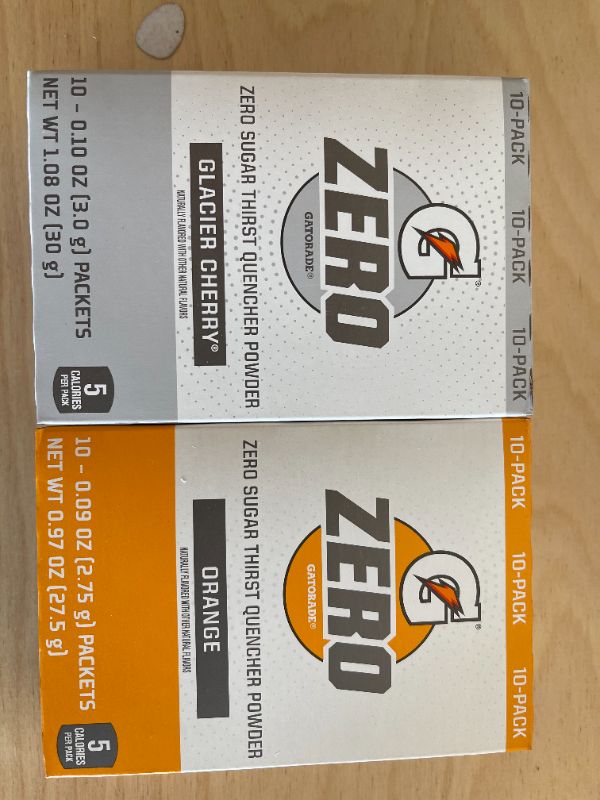 Photo 3 of 2 Gatorade Orange Zero Sugar Thirst Quencher Powder 10 CT & Gatorade G Zero Powder Packets Glacier Cherry 20oz 10ct
 3 PACK